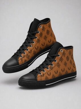 unisex Classic High-Top Sneakers — Brown Monogram Pattern